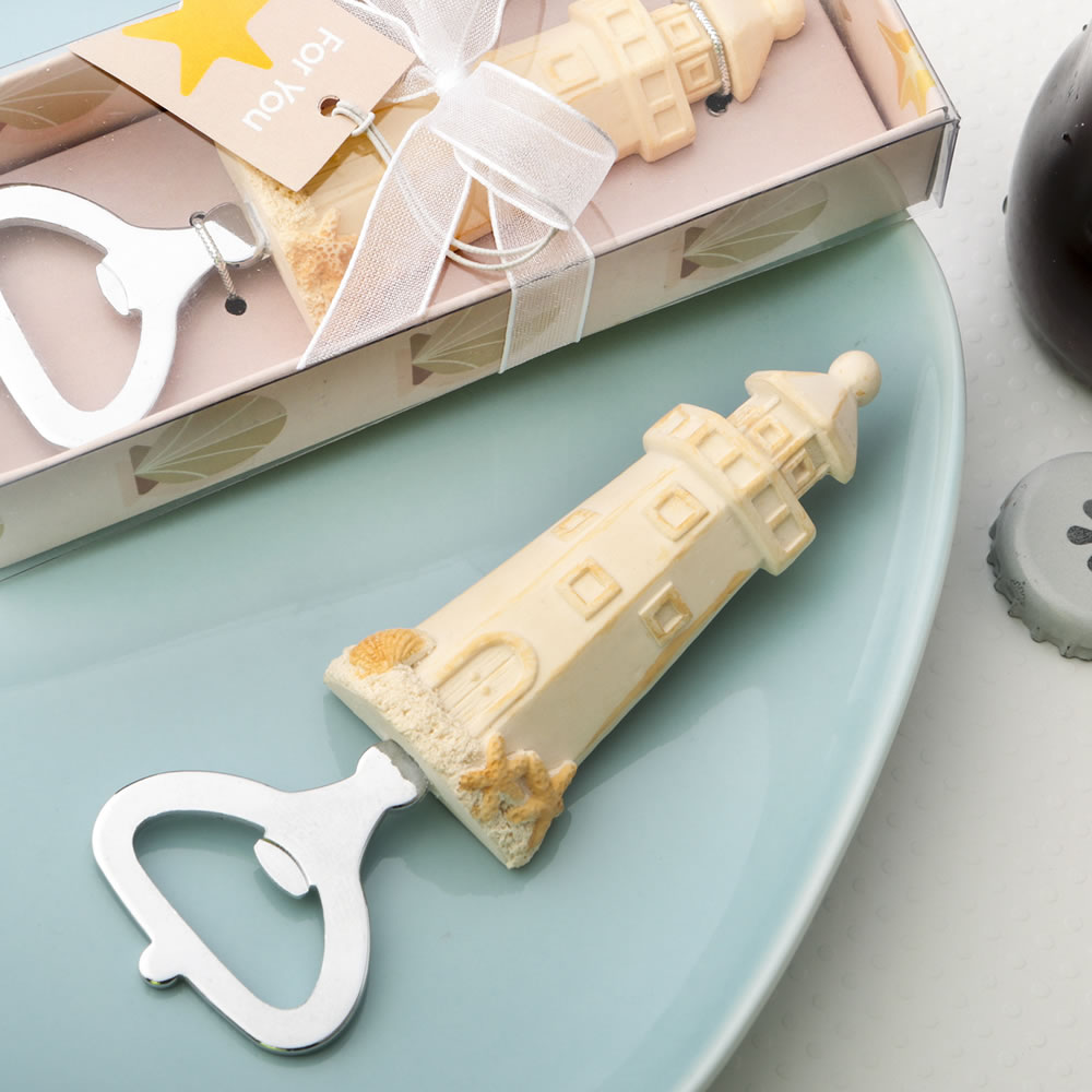 Light house design bottle opener in a sand color finish