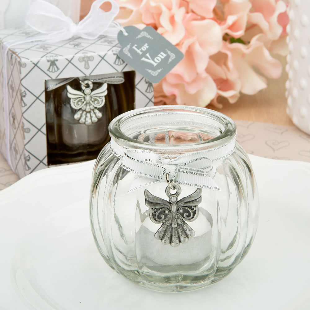 Angel themed clear glass round globe candle holder
