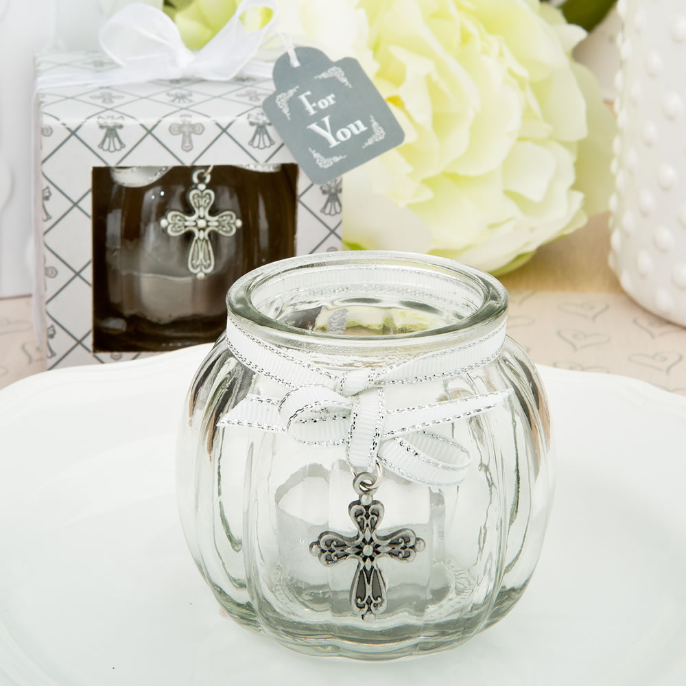 Cross themed clear glass round globe candle holder