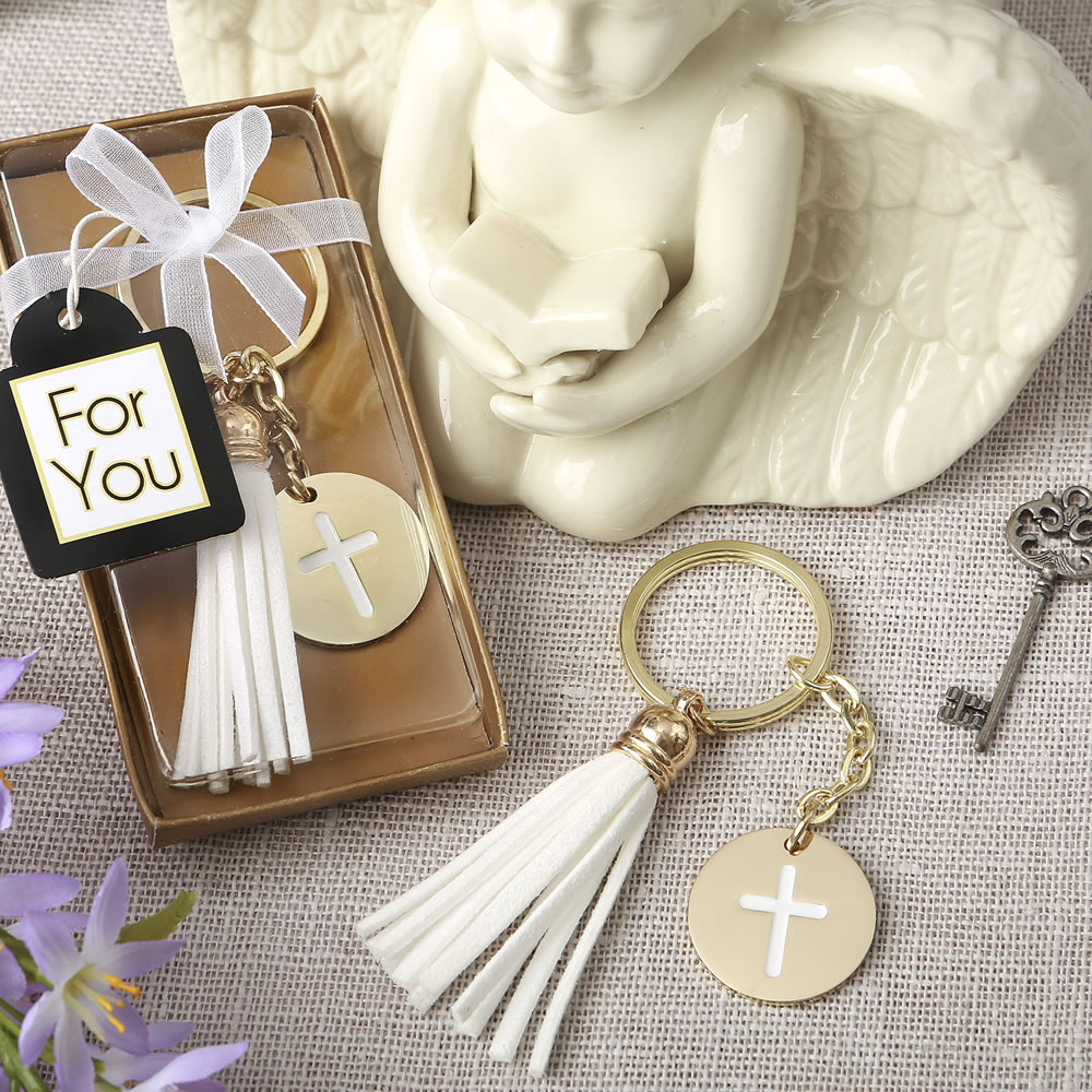 Gold metal cross themed white tassel key chain