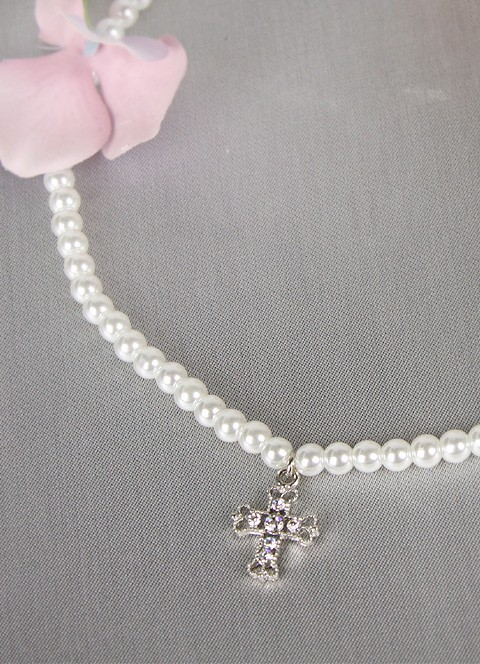 Pearl Flower Girl Necklace with Cross Pendant