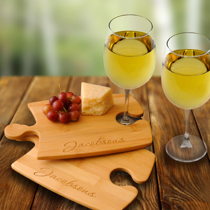 Personalized Bamboo Perfect Fit Puzzle Cutting Board Set with 2 Wine Glasses