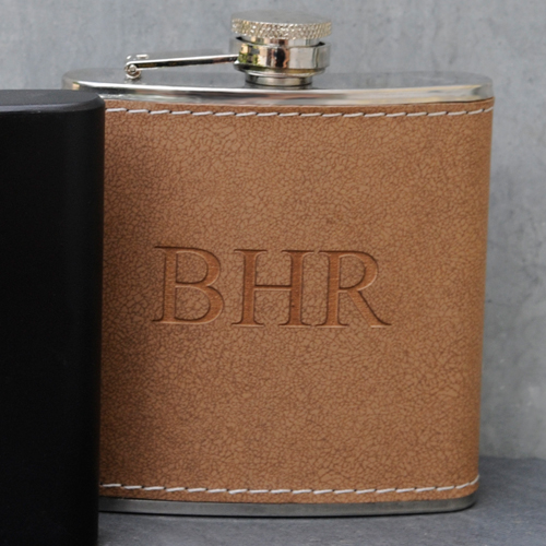 Personalized Tan Hide-Stitch Flask