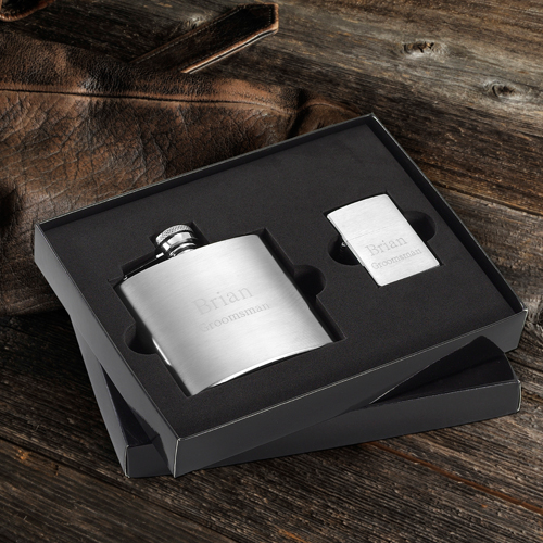 Brushed Flask and Zippo Lighter Gift Set