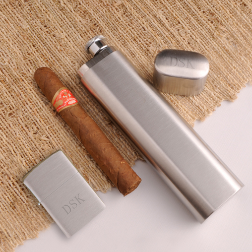 Personalized Cigar Case Flask and Zippo Lighter Combo