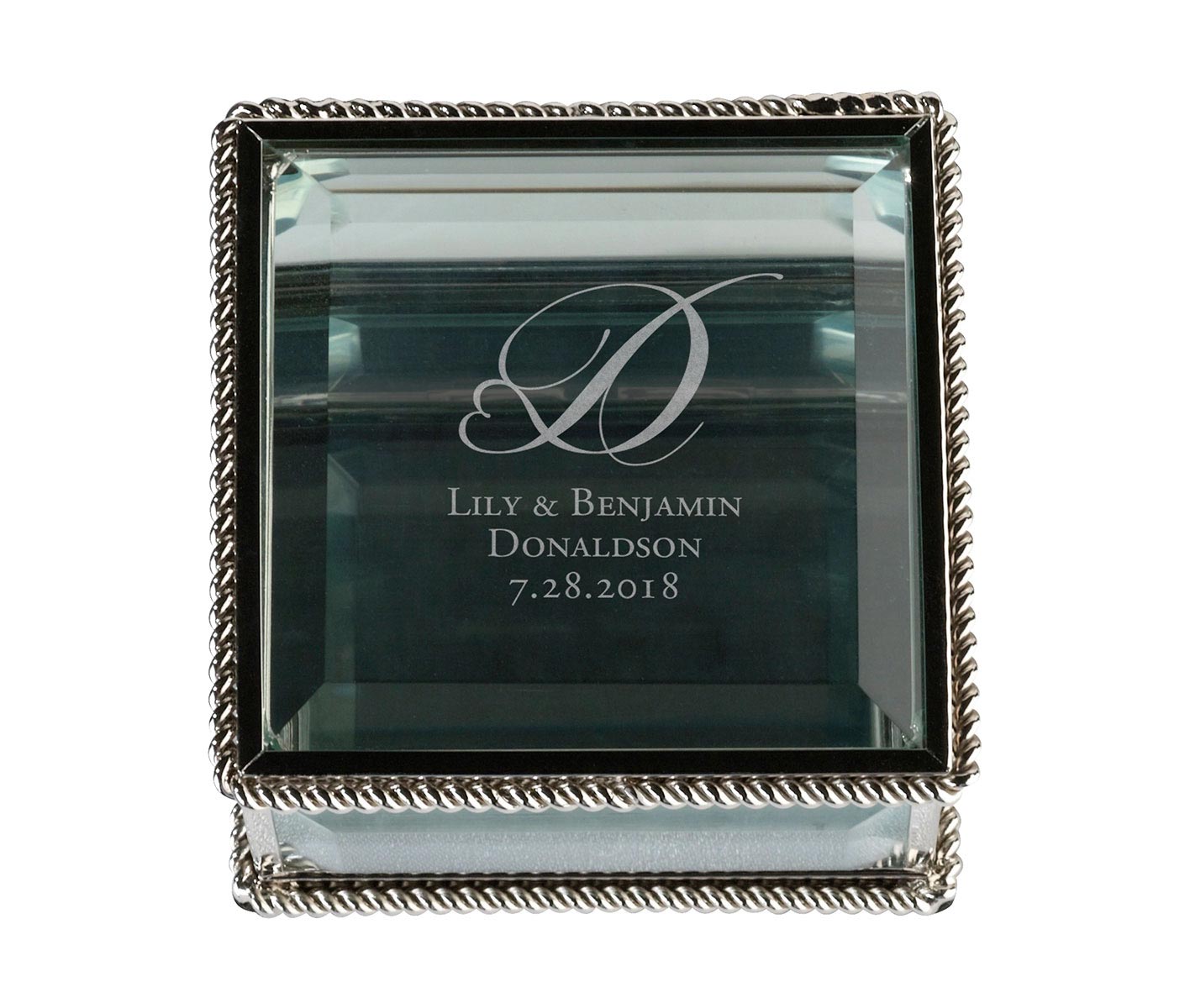 Silver Square Glass Ring Box Heart Monogram Personalization