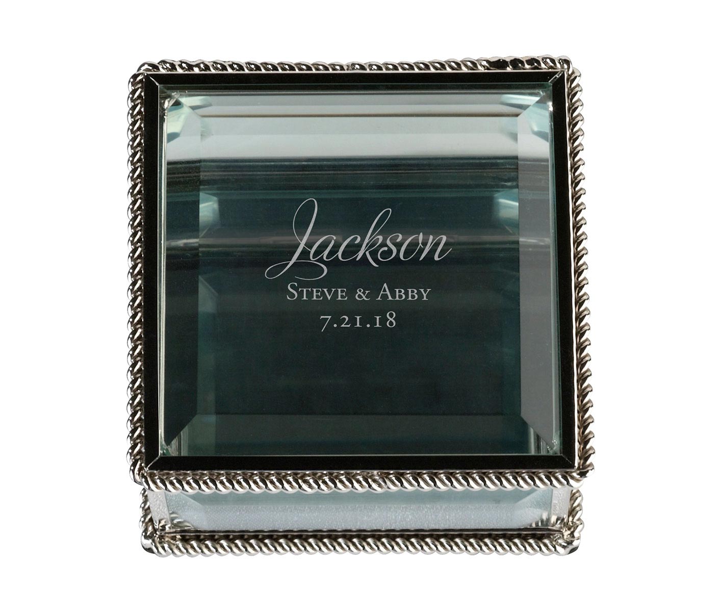Silver Square Glass Ring Box Script Personalization
