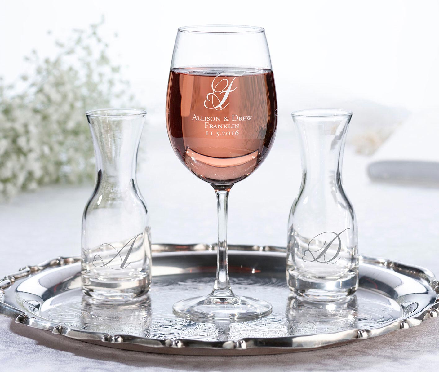 Unity Wine Ceremony Glass & 2 Carafes Heart Monogram Personalization