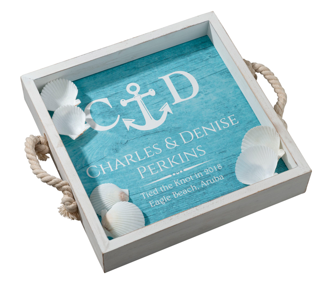 Personalized Wood Wedding Tray with Rope Handles - Anchor