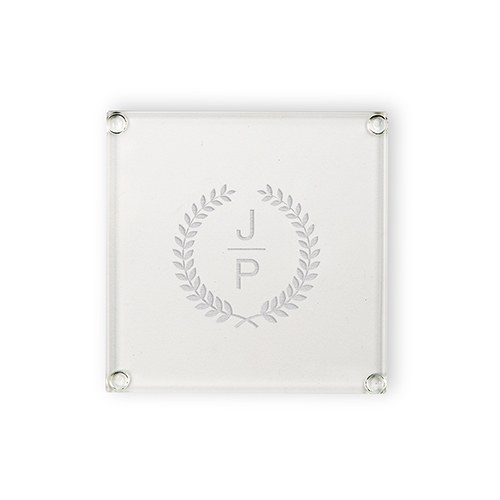 Personalized Glass Coasters - Stacked Monogram With Leaf Crest