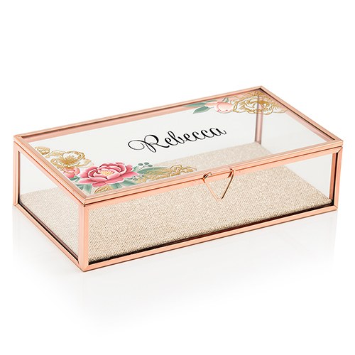 Personalized Glass Jewelry Box With Rose Gold - Modern Floral Printing