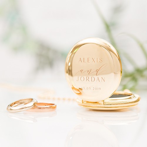 Personalized Pocket Wedding Ring Holder With Chain - Modern Couple Etching