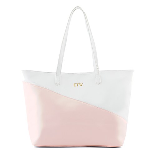 Personalized Faux Leather Color Block Tote Bag - Pink & White