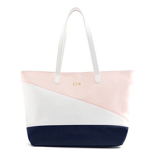 Personalized Faux Leather Color Block Tote Bag - Pink, Navy & White