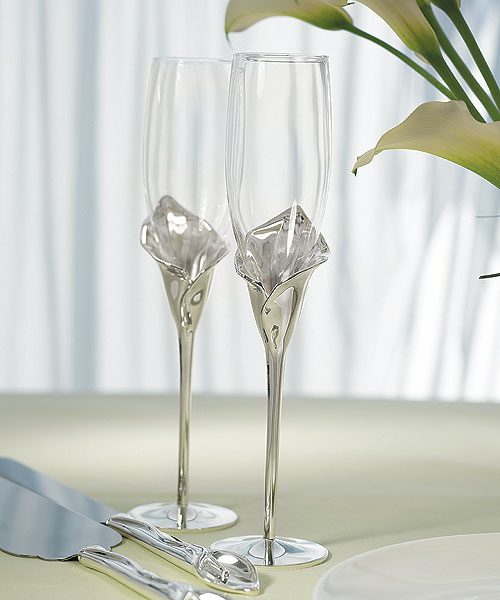 Calla Lily Toasting Flutes with Silver Plated Stem and Glass Flute