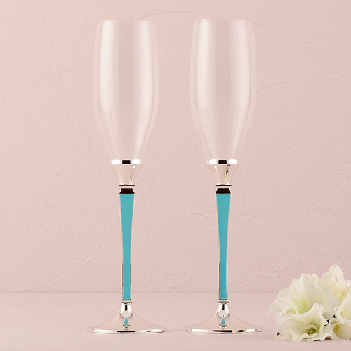 Personalized Blue Plated Stem With Glass Wedding Champagne Flutes