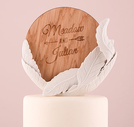 White Feather Porcelain Wedding Cake Topper With Personalized Veneer Disc In Free Spirit Design