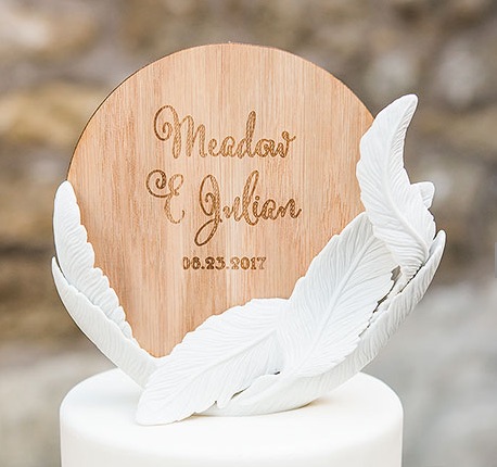 White Feather Porcelain Wedding Cake Topper With Personalized Veneer Disc In Feather Whimsy Design