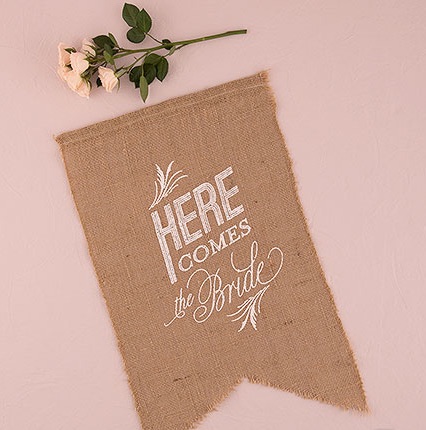 Natural Burlap Ceremony Sign - White Print Here Comes The Bride