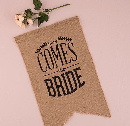 Natural Burlap Ceremony Sign - Black Print Here Comes The Bride