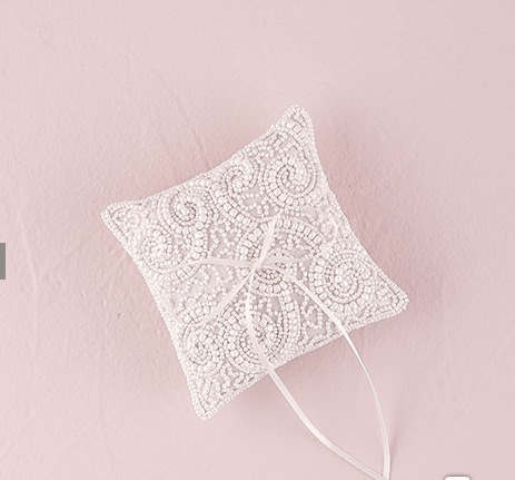 White Beaded Miniature Wedding Ring Pillow