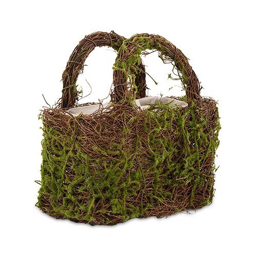 Faux Moss And Wicker Basket With Handles And Liner